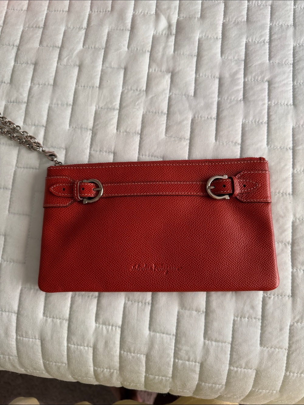 Salvatore Ferragamo Red Leather Wristlet with Chain Strap and Buckle Detail